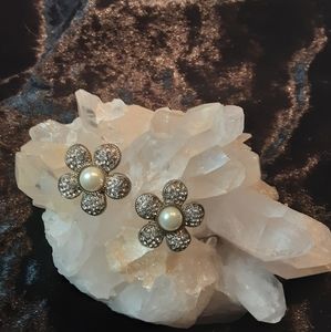 VINTAGE PAVE' & PEARL POST EARINGS